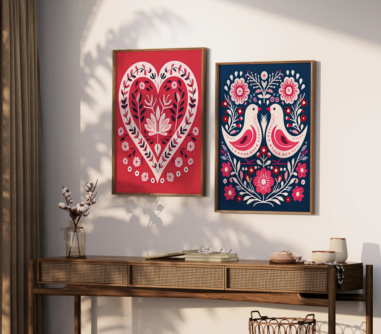 Valentines Day Canvas Canvas Wall Art Print Set of 2, Heart Bird Print, Bedroom Living Room Cafe Home Decor, Scandinavian Folk Art, Gift