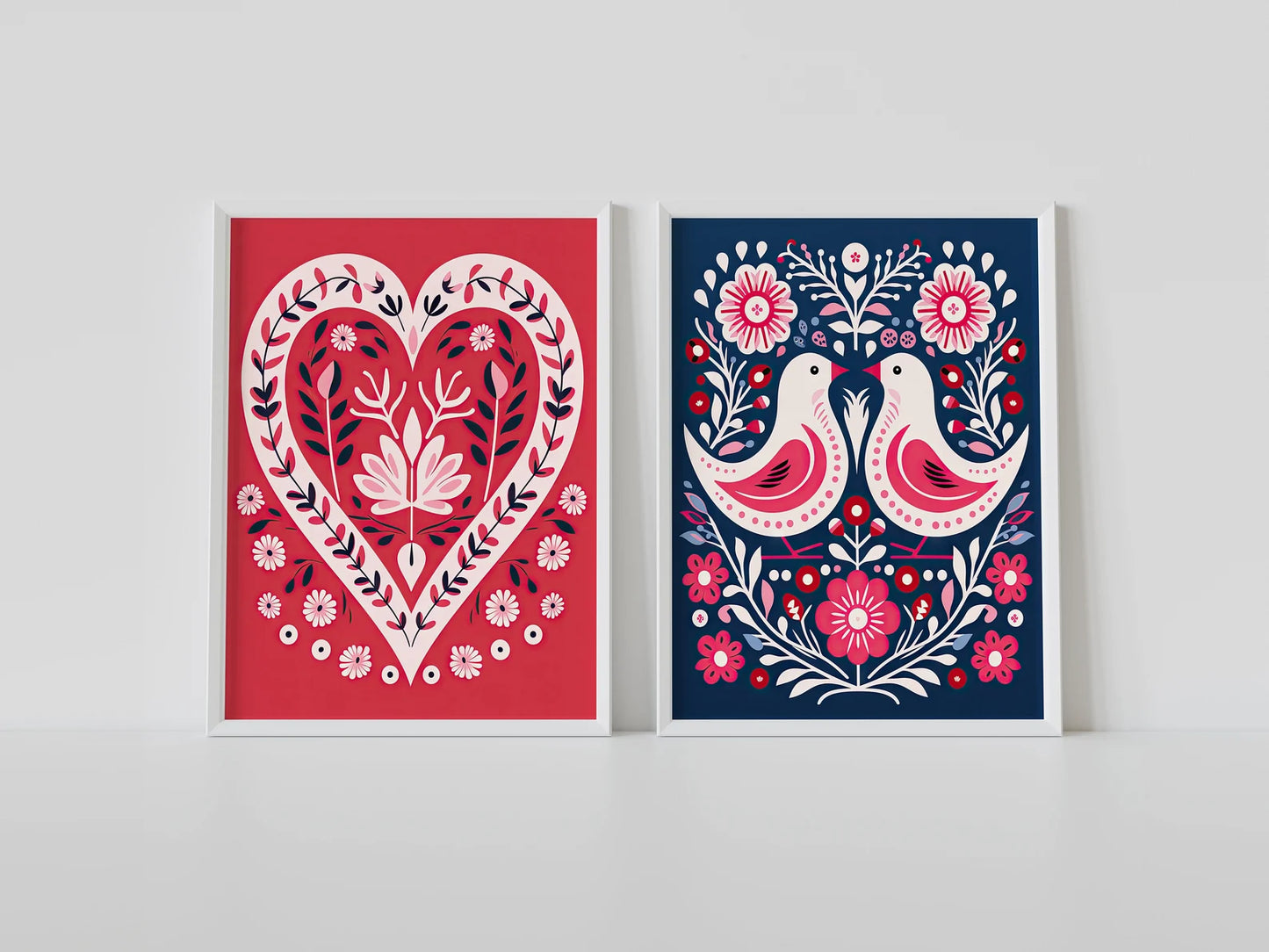 Valentines Day Canvas Canvas Wall Art Print Set of 2, Heart Bird Print, Bedroom Living Room Cafe Home Decor, Scandinavian Folk Art, Gift