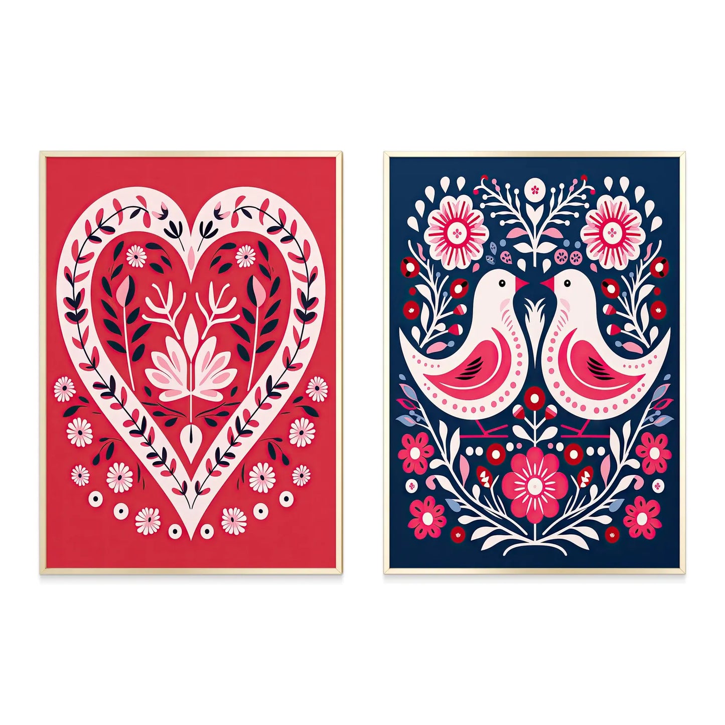 Valentines Day Canvas Canvas Wall Art Print Set of 2, Heart Bird Print, Bedroom Living Room Cafe Home Decor, Scandinavian Folk Art, Gift