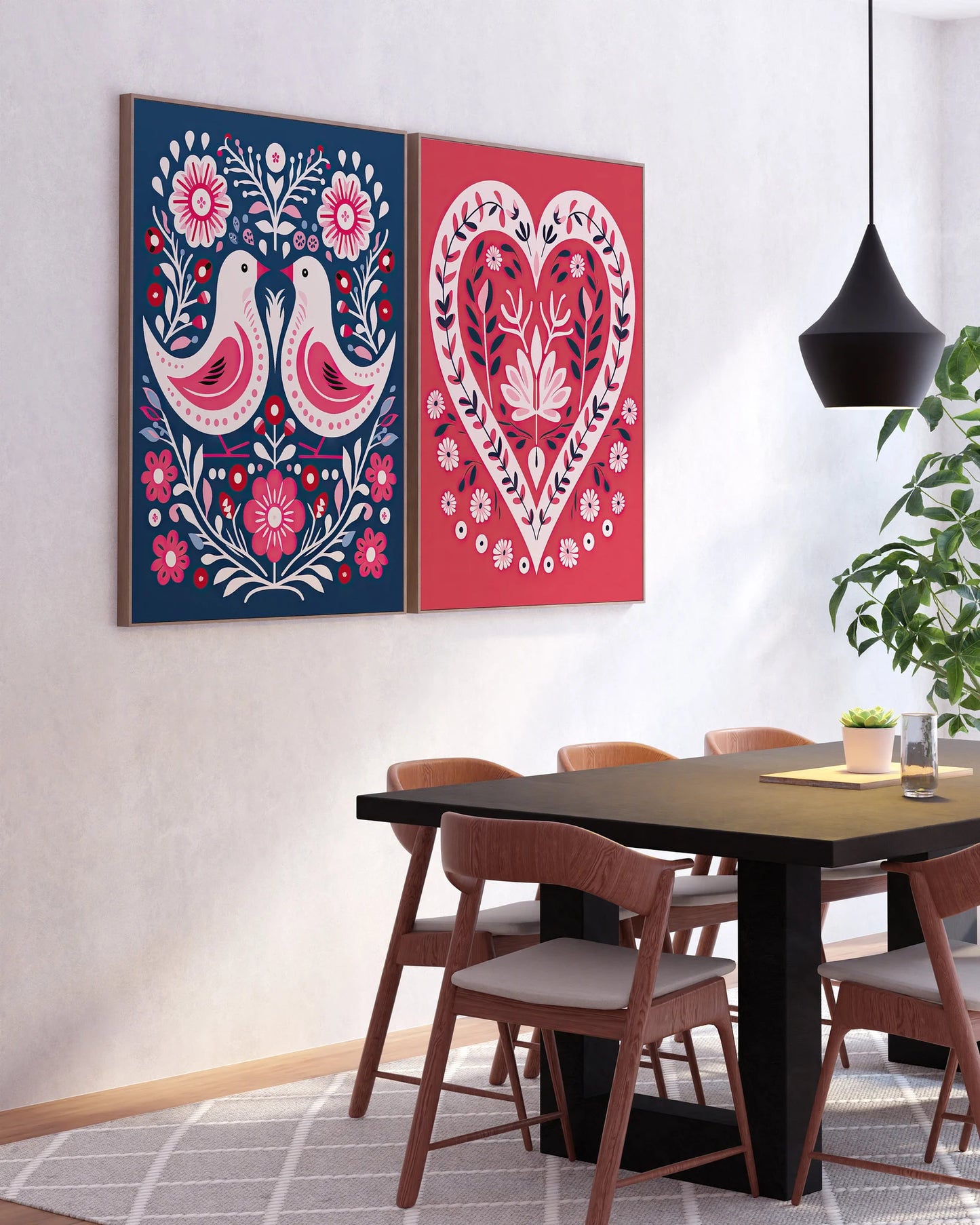 Valentines Day Canvas Canvas Wall Art Print Set of 2, Heart Bird Print, Bedroom Living Room Cafe Home Decor, Scandinavian Folk Art, Gift