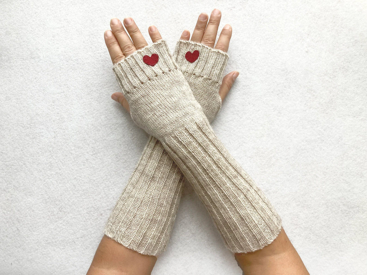 Long Arm Warmers with Burgundy Hearts, Fingerless Heart Gloves, Unique Self Care Gift, Accessories Gift For Her, Valentines Clothing Woman