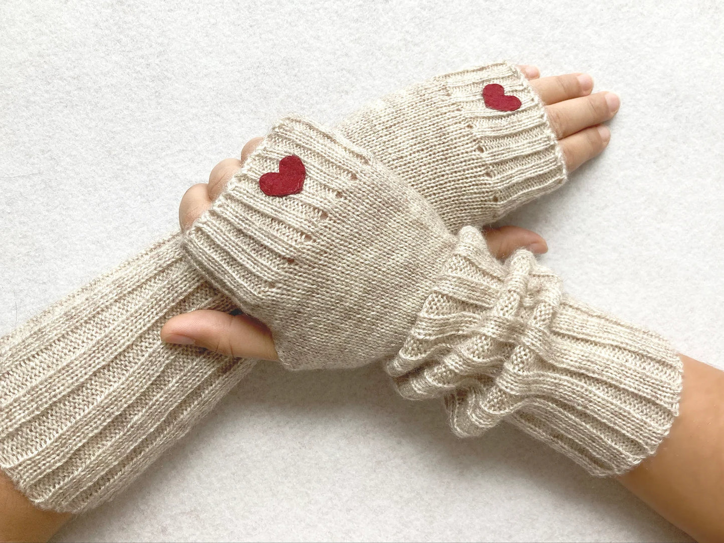 Long Arm Warmers with Burgundy Hearts, Fingerless Heart Gloves, Unique Self Care Gift, Accessories Gift For Her, Valentines Clothing Woman