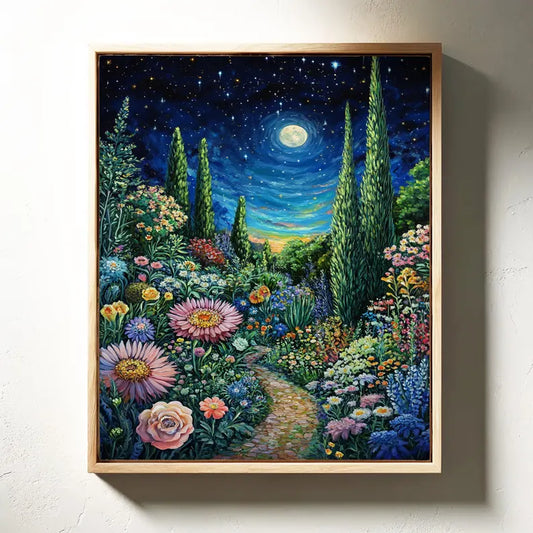 Moonlit Floral Garden Path Canvas - Vibrant Starry Night Wall Art - Enchanting Nature Landscape for Home Decor