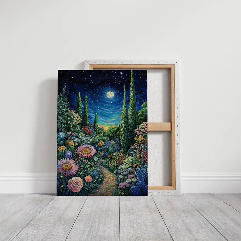 Moonlit Floral Garden Path Canvas - Vibrant Starry Night Wall Art - Enchanting Nature Landscape for Home Decor