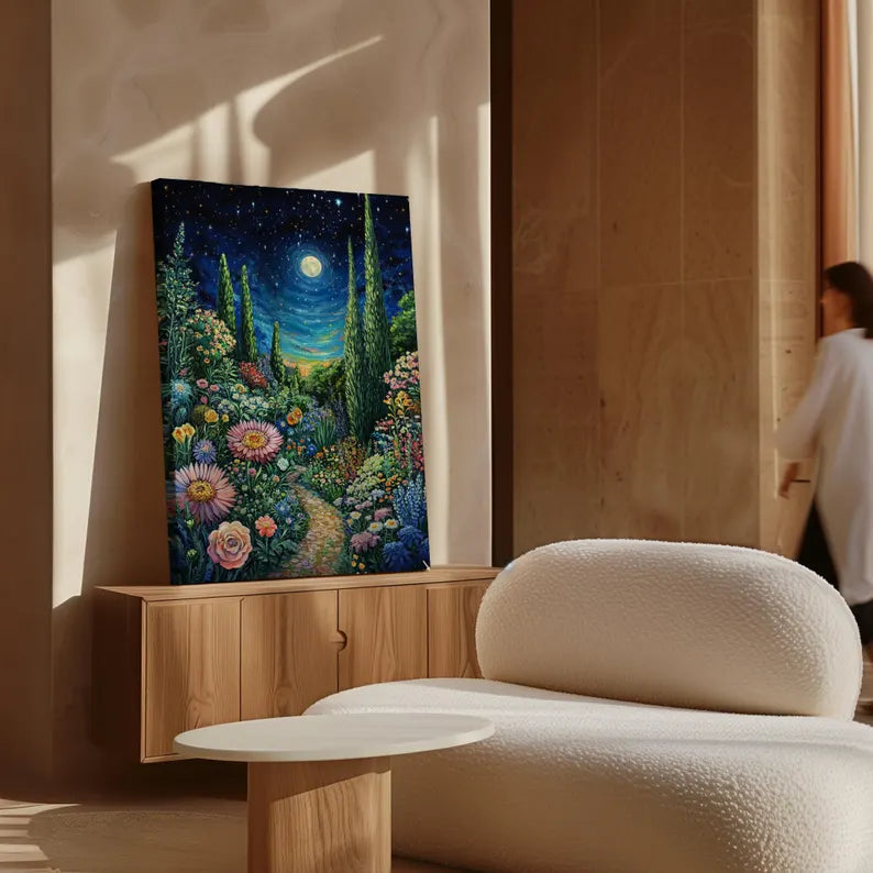 Moonlit Floral Garden Path Canvas - Vibrant Starry Night Wall Art - Enchanting Nature Landscape for Home Decor