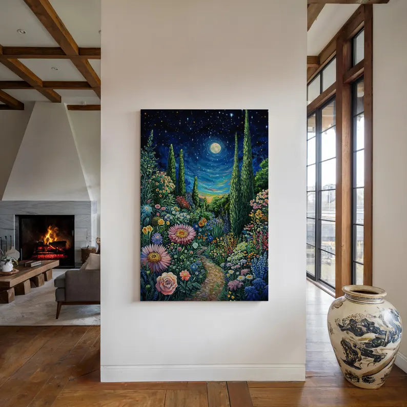 Moonlit Floral Garden Path Canvas - Vibrant Starry Night Wall Art - Enchanting Nature Landscape for Home Decor