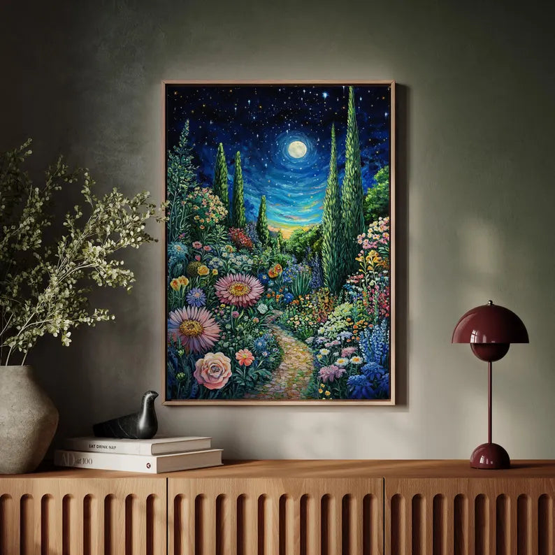 Moonlit Floral Garden Path Canvas - Vibrant Starry Night Wall Art - Enchanting Nature Landscape for Home Decor