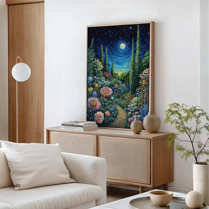 Moonlit Floral Garden Path Canvas - Vibrant Starry Night Wall Art - Enchanting Nature Landscape for Home Decor